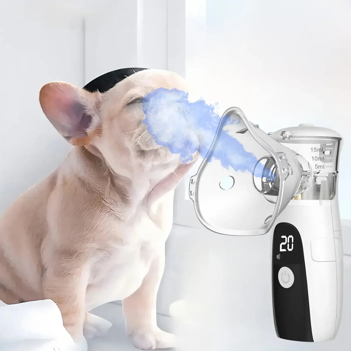 White and black digital veterinary pet asthma inhaler and nebulizer with transparent mask emitting blue mist