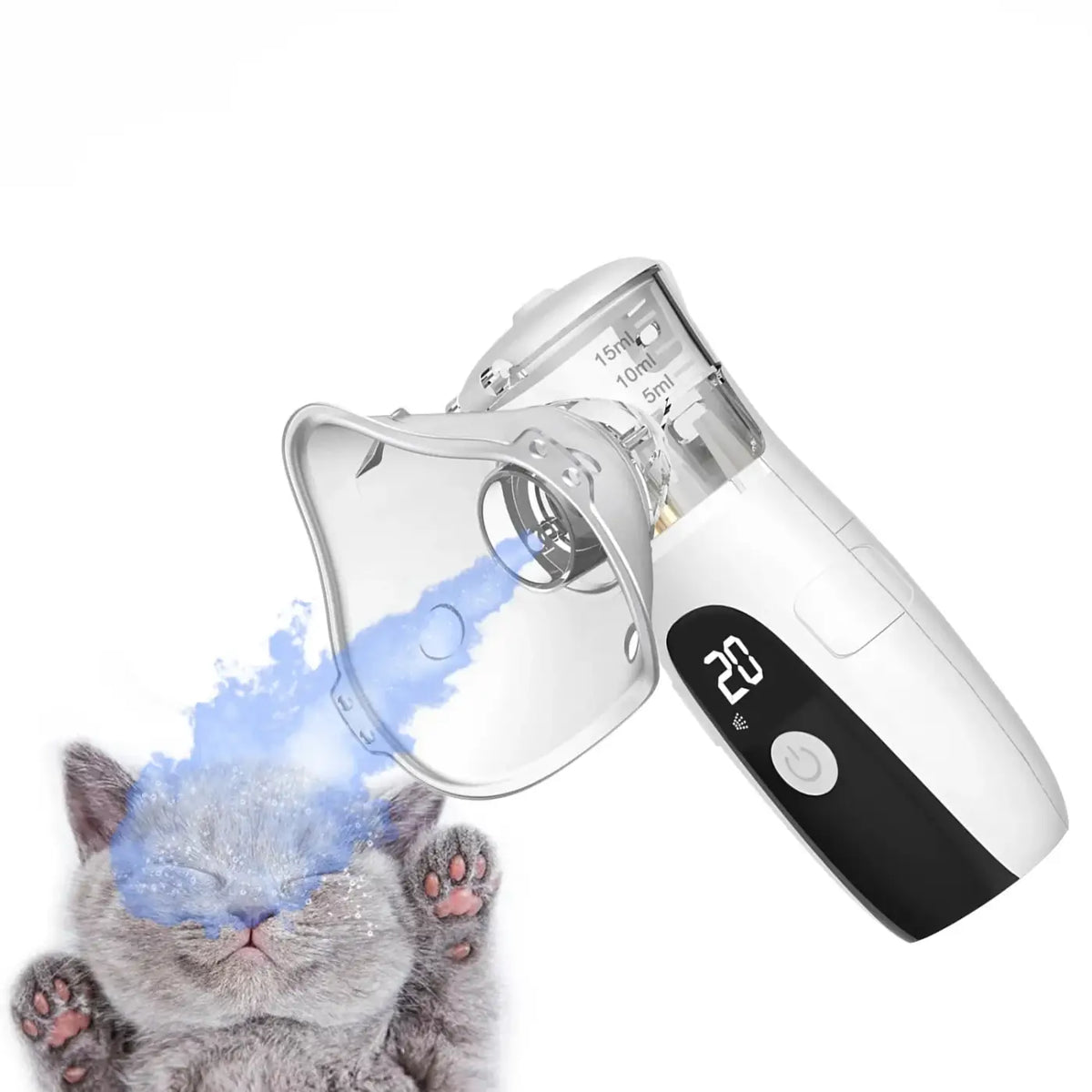 White and black digital veterinary pet asthma inhaler and nebulizer with transparent mask emitting blue mist