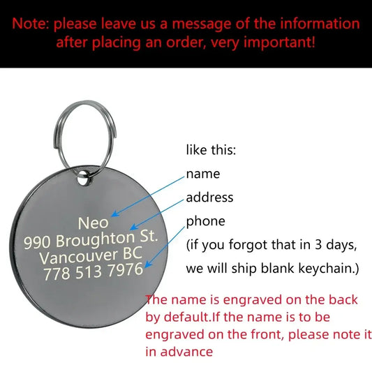 Silver circular pet id keychain with engraved text from VIP Pets personalized bronze engraved dog cat ID tag product