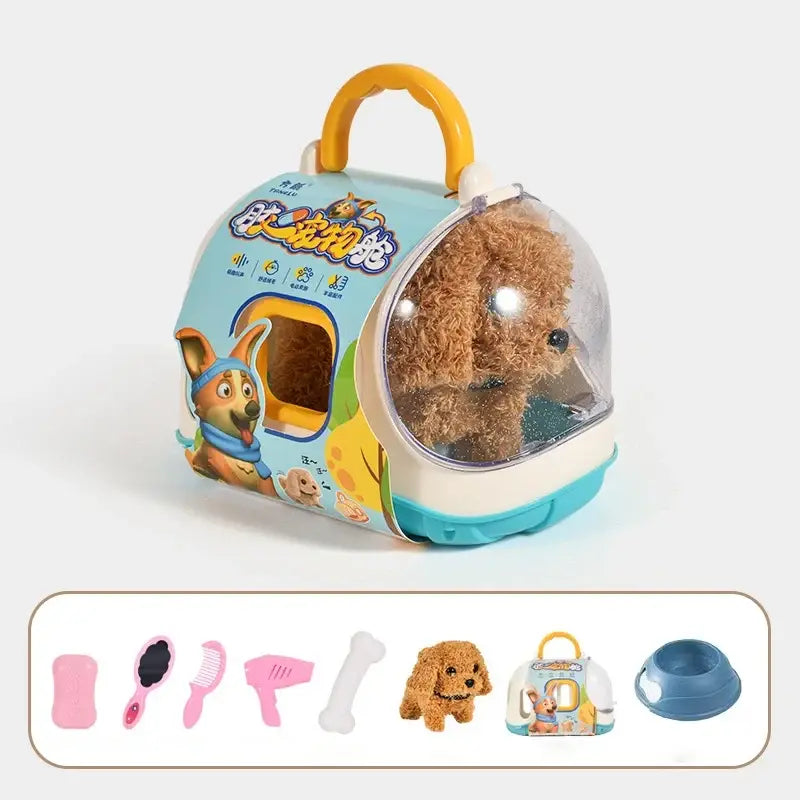 A plush brown walking interactive electronic puppy toy inside a transparent dome pet carrier with yellow handle
