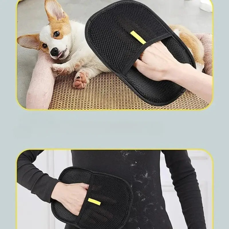 Black mesh washable pet hair remover gloves with bright yellow pull-tab for easy use and effective pet hair removal