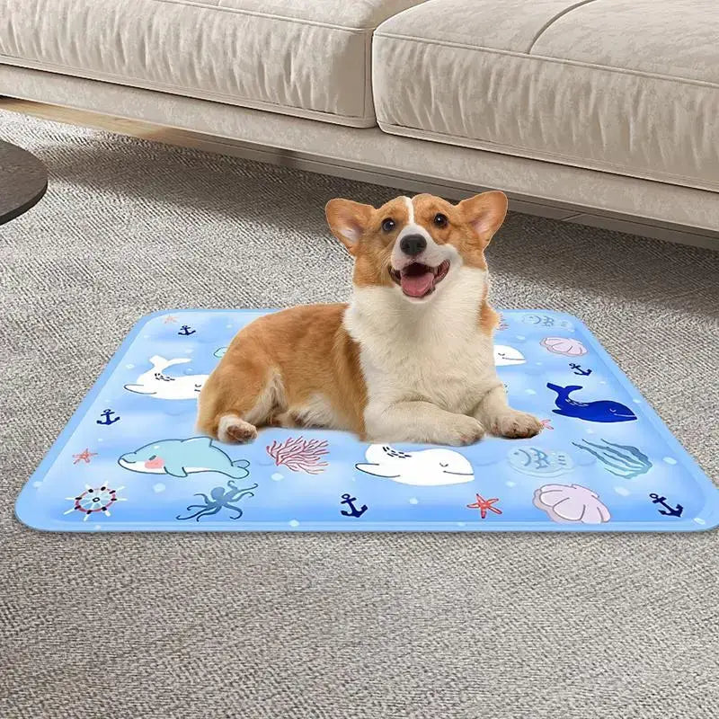 Blue ocean themed washable self cooling pet mat 16x20 inches with cartoon whales anchors and sea creatures design