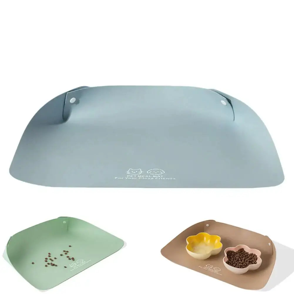 Light blue silicone pet meal mat with integrated handles and cat and dog logo waterproof pu leather anti spill design