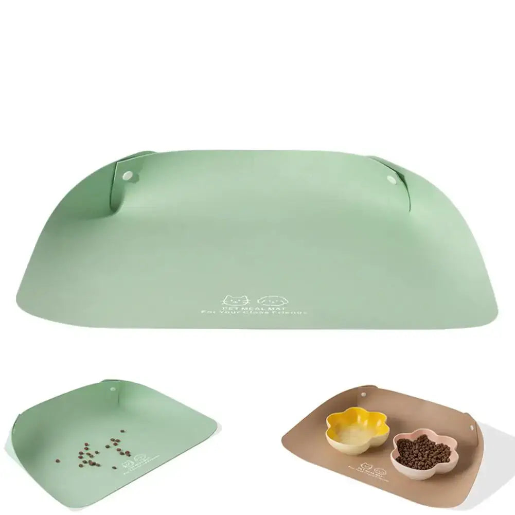 Mint green silicone waterproof pu leather anti-spill pet feeding mat with handles and subtle cat and dog logo design