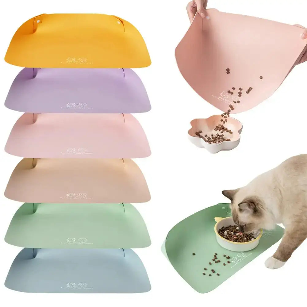 Pastel-colored silicone pet feeding mats with waterproof pu leather and flexible foldable anti-spill design