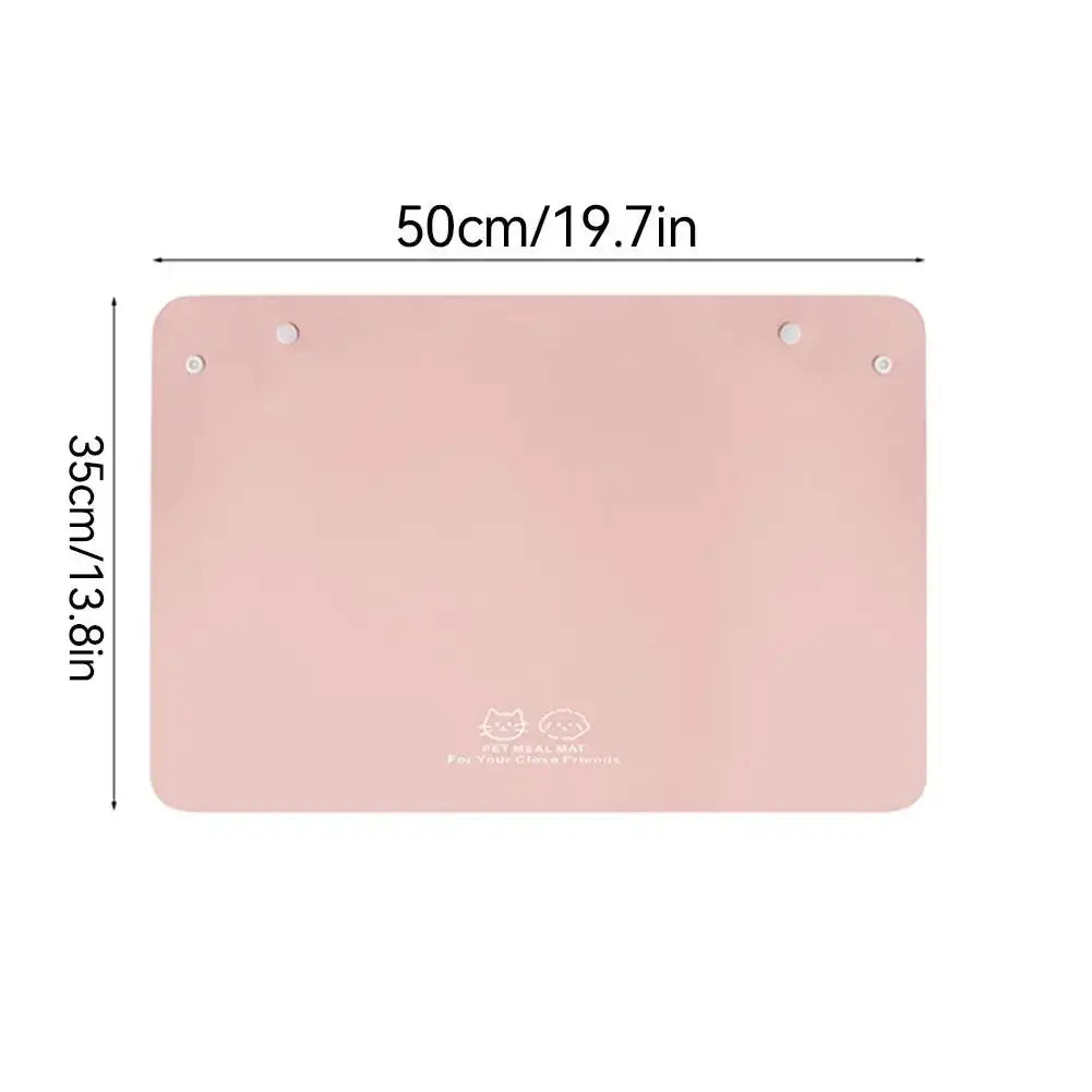 Pink waterproof pu leather anti-spill pet feeding mat with rounded corners and three white mounting holes
