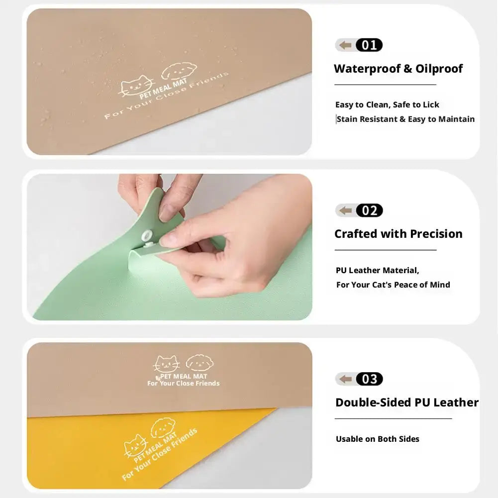 A soft double-sided waterproof pu leather pet feeding mat in mint green and warm yellow anti-spill design