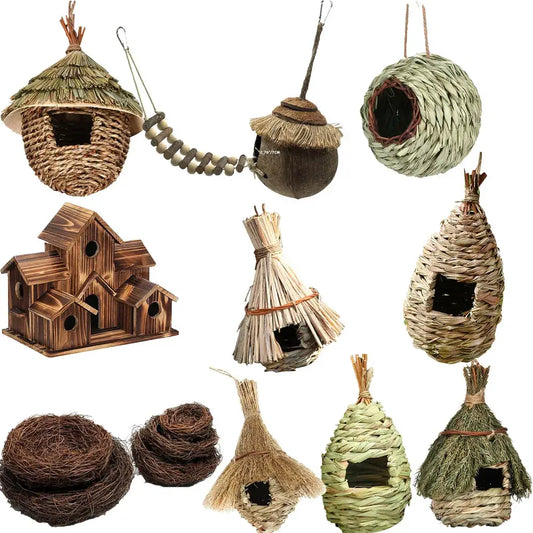 Woven natural grass birdhouse hideaway decoration in rustic earthy tones with handwoven natural fiber and thatched roofs